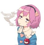  1girl bags_under_eyes black_hairband blue_shirt buttons cigarette collared_shirt eyeball frilled_shirt_collar frills hair_ornament hairband heart heart_button heart_hair_ornament komeiji_satori pink_eyes pink_hair shirt short_hair smoke smoking third_eye touhou yunuki_uta 