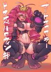  1girl animal_hands antenna_hair autoscorer blush_stickers breasts claw_(weapon) claws doll_joints drill_hair fur_trim gloves highres joints kokura581 large_breasts long_hair looking_at_viewer micha_jawkan multicolored_hair navel paw_gloves red_hair revealing_clothes senki_zesshou_symphogear sharp_teeth shiny_skin solo teeth twin_drills two-tone_hair weapon 