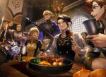  1girl 5boys :d ^_^ black_hair black_jacket black_vest blonde_hair blue_cape blue_eyes bowl brown_eyes brown_hair cape chalice claude_von_riegan closed_eyes commentary_request dimitri_alexandre_blaiddyd felix_hugo_fraldarius fire_emblem fire_emblem:_three_houses food fork garreg_mach_monastery_uniform grin haruko_(haruhello) highres holding holding_bowl holding_fork holding_knife indoors ingrid_brandl_galatea jacket knife multiple_boys open_mouth raphael_kirsten shirt short_hair smile steak suspenders sylvain_jose_gautier vest white_shirt window 