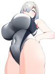 1girl armpits blue_eyes blush breasts covered_navel from_below frown grey_hair grey_one-piece_swimsuit hair_ornament hairclip hamakaze_(kancolle) hand_on_hip hauto-san highres huge_breasts kantai_collection looking_at_viewer one-piece_swimsuit short_hair simple_background solo swimsuit white_background 