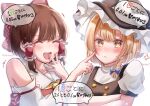  2girls :d annoyed bare_shoulders bloom blue_bow blunt_bangs blush bow braid brown_hair closed_eyes closed_mouth commentary_request crossed_arms detached_sleeves frilled_hair_tubes frills hair_bow hair_over_mouth hair_ribbon hair_tubes hakurei_reimu hands_up hat highres kirisame_marisa multiple_girls red_bow red_vest ribbon sarashi short_hair_with_long_locks simple_background smile teeth touhou tress_ribbon upper_body upper_teeth_only v-shaped_eyebrows vest wakamesu white_background witch_hat 
