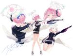  1girl absurdres angel_wings black_jacket black_shorts blue_archive breasts closed_mouth double_bun gun gym_shorts hair_bun highres holding holding_gun holding_weapon jacket large_breasts mika_(blue_archive) multiple_views one_eye_closed pink_hair short_hair shorts simple_background track_jacket weapon white_background white_wings wings yellow_eyes zippo_(2387576974) 