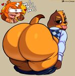  &lt;3 &lt;3_eyes animal_crossing anthro bedroom_eyes bent_over big_butt black_eyes bottomwear bottomwear_down bulging_eyes butch_(animal_crossing) butt canid canine canis clothed clothing collar dipstick_tail domestic_dog duo english_text exclamation_point hi_res huge_butt inuki_zu inuzu looking_back male mammal markings multicolored_body narrowed_eyes nintendo open_mouth pants pants_down partially_clothed presenting presenting_hindquarters seductive shirt tail tail_markings tan_body text thick_thighs tongue tongue_out topwear two_tone_body wide_hips 