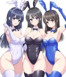  3girls animal_ears black_bow black_bowtie black_gloves black_hair black_leotard black_thighhighs blue_bow blue_bowtie blue_eyes blue_gloves bow bowtie breasts cleavage commission covered_navel cowboy_shot detached_collar elbow_gloves fake_animal_ears gloves grin hair_ornament hairclip highres hiiragi_kei hirokawa_uzuki leotard long_hair looking_at_viewer makinohara_shouko medium_breasts multiple_girls playboy_bunny purple_eyes rabbit_ears sakurajima_mai seishun_buta_yarou simple_background skeb_commission smile standing strapless strapless_leotard thigh_gap thighhighs white_background white_gloves wrist_cuffs 