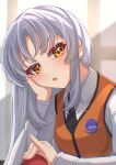  1girl :o absurdres alternate_hairstyle black_necktie blush brown_eyes collared_shirt grey_shirt hair_behind_ear hand_on_own_cheek hand_on_own_face head_tilt highres hoshino_ruri kidou_senkan_nadesico long_hair looking_at_viewer necktie orange_vest ru-ha shirt solo vest 