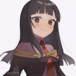  1girl artist_name black_cape black_cloak black_hair blunt_bangs blush breasts cape cloak close-up closed_mouth commentary dress_shirt eyelashes hair_strand kono_subarashii_sekai_ni_bakuen_wo! kono_subarashii_sekai_ni_shukufuku_wo! long_hair long_sleeves looking_at_viewer necktie nerimaki orange_necktie pink_shirt portrait red_eyes red_necktie red_pupils school_uniform shirt signature simple_background small_breasts smile solo twitter_username two-tone_necktie upper_body white_background yowaihito_00 