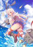  &gt;_&lt; 1girl ass black_panties blonde_hair blue_skirt blue_sky cloud commentary elbow_gloves full_body gloves hairband high_heels highleg highleg_panties highres kantai_collection long_hair looking_at_viewer microskirt ocean open_mouth outdoors panties pleated_skirt red_thighhighs rensouhou-chan shimakaze_(kancolle) shirt skirt sky solo striped striped_thighhighs thighhighs torn_clothes torn_thighhighs underwear white_gloves white_shirt white_thighhighs yellow_eyes zeolch 