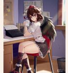  1girl absurdres black_skirt black_wings blush brown_hair commentary crossed_legs cup edz_drawz english_commentary feathered_wings hat highres holding holding_cup indoors looking_at_viewer looking_to_the_side petticoat pointy_ears pom_pom_(clothes) red_eyes shameimaru_aya shirt short_sleeves sitting skirt solo tokin_hat touhou typewriter white_shirt wings 