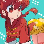 1girl apple-boy aqua_background ass braid braided_ponytail breasts chinese_clothes commentary hair_between_eyes open_mouth ranma-chan ranma_1/2 red_eyes red_hair shorts signature simple_background solo tangzhuang yellow_shorts 