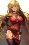  1girl absurdres belt black_footwear black_gloves blonde_hair boots breasts brown_belt brown_cape cape cleavage dress elbow_gloves fingerless_gloves fire_emblem fire_emblem:_the_binding_blade gloves hair_between_eyes hand_on_own_hip hands_on_own_breasts highres igrene_(fire_emblem) jurge large_breasts long_hair looking_at_viewer mixed-language_commentary red_dress short_dress side_slit solo thigh_boots white_background yellow_eyes 