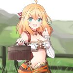  1girl azukimame blonde_hair detached_sleeves fence fiora_(xenoblade) grass green_eyes highres long_hair looking_at_viewer midriff miniskirt open_mouth skirt smile solo xenoblade_chronicles_(series) xenoblade_chronicles_1 