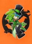  1boy alternate_costume black_footwear black_pants dated eyewear_on_head finik gloves green_gloves green_jacket halloween_costume hat highres jacket looking_at_viewer orange_background pants pinstripe_jacket pinstripe_pants pinstripe_pattern scourge_the_hedgehog shoes signature solo sonic_(series) striped 