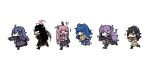  6+girls @_@ ahoge bags_under_eyes black_hair blazer blue_bow blue_eyes blue_hair bocchi_the_rock! bow character_request copyright_request cube_hair_ornament debt dress gotou_hitori hair_between_eyes hair_bow hair_ornament hairband hex_maniac_(pokemon) highres hood hoodie jacket john_(a2556349) kuroki_tomoko long_hair long_sleeves messy_hair multiple_girls necktie open_mouth pink_hair pleated_skirt pokemon pokemon_(game) purple_eyes purple_hair purple_hairband school_uniform shirt short_sleeves simple_background skirt smile touhou track_jacket trait_connection watashi_ga_motenai_no_wa_dou_kangaetemo_omaera_ga_warui! white_background yorigami_shion 