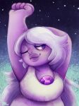  alien alien_humanoid amethyst_(gem) amethyst_(steven_universe) arm_bent blush breasts cartoon_network closed_smile clothed clothing cosmic_background dancing digital_media_(artwork) digital_painting_(artwork) eyelashes female fingers fist gem gem_(species) hair hand_behind_head hi_res humanoid lavender_hair lips long_hair looking_away mammal mouth_closed night not_furry one_eye_closed portrait purple_body purple_eyes purple_hair purple_skin raised_arm shirt simple_background sky smile solo star starry_background starry_sky steven_universe stretching tank_top thehiggles thick_lips topwear white_clothing white_shirt white_tank_top white_topwear 