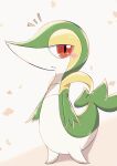  absurdres animal_focus blush commentary english_commentary full_body half-closed_eyes highres inariya_(pixiv_88175043) looking_at_viewer no_humans notice_lines open_mouth pokemon pokemon_(creature) red_eyes snivy solo standing white_background 