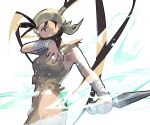  1girl antenna_hair bandaged_arm bandages bare_shoulders black_hair black_mask breasts brown_eyes brown_gloves clothing_cutout cofffee cowboy_shot gloves hand_up headwear_request high_ponytail hip_vent holding holding_weapon ibuki_(street_fighter) japanese_clothes kunai long_bangs long_hair looking_to_the_side mask medium_breasts mouth_mask ninja ninja_mask no_panties solo street_fighter street_fighter_iii_(series) thigh_cutout torn_clothes very_long_hair weapon 