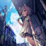  1girl animal_ears bag cat_ears cat_tail dress food grey_dress grey_eyes grey_hair holding holding_food neoki_ohae open_mouth original plastic_bag popsicle power_lines short_hair short_sleeves solo tail utility_pole 