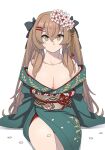  1girl breasts brown_hair cleavage closed_mouth flower girls&#039;_frontline hair_flower hair_ornament hair_ribbon hairclip japanese_clothes kimono long_hair looking_at_viewer official_alternate_costume ribbon scar scar_across_eye solo tab_(tabkun) twintails ump9_(girls&#039;_frontline) ump9_(wayfarer_of_the_profound)_(girls&#039;_frontline) 