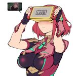  1girl arms_up black_gloves blush bodysuit breasts closed_mouth fingerless_gloves frown gloves haoni head-mounted_display holding impossible_bodysuit impossible_clothes joy-con large_breasts meta nintendo_labo nintendo_switch pyra_(xenoblade) red_hair short_hair short_sleeves simple_background upper_body white_background xenoblade_chronicles_(series) xenoblade_chronicles_2 