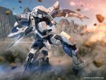 arm_slave_(mecha) artist_name arx-7_arbalest fire full_metal_panic! highres holding holding_knife knife mecha motion_blur no_humans on_one_knee open_hand planeta_tsuji robot rock science_fiction solo 