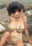  1girl :d arm_support bikini black_hair blush breasts commentary_request fang gaki_kyonyuu gold_bikini hair_between_eyes highres kaedeko_(kaedelic) large_breasts large_tail navel one-piece_tan oppai_loli red_eyes sasaki_kanna_(kaedeko) short_hair side-tie_bikini_bottom sitting smile solo swimsuit tail tan tanlines twintails water wet wet_hair 