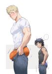  ... 2boys :o bara black_hair black_pants black_tank_top blonde_hair blue_male_underwear blush bulge_lift haiki_(tegusu) highres large_pectorals male_focus male_underwear male_underwear_peek meme multiple_boys muscular muscular_male never_seen_a_guy_recreate_this_(meme) orange_male_underwear original pants pants_lift pectorals shirt short_hair simple_background tank_top underwear white_shirt 