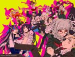  6+boys 6+girls ? ahoge animal bandaged_leg bandages black_hair black_jacket black_necktie blonde_hair blue_hair blue_sailor_collar blue_skirt blush_stickers bow braid breasts brown_jacket brown_skirt carrying cham-p cleavage collarbone corner_(corner29452966) danganronpa_(series) danganronpa_2:_goodbye_despair dark-skinned_female dark_skin everyone eyepatch glasses green_bow grey_hair hair_bow hair_horns hamster hanamura_teruteru happy highres hinata_hajime hood hooded_jacket jacket japanese_clothes jum-p kimono koizumi_mahiru komaeda_nagito kuzuryu_fuyuhiko large_breasts long_hair looking_at_another maga-g medium_hair miniskirt mioda_ibuki monokuma monomi_(danganronpa) mouth_piercing multicolored_hair multiple_boys multiple_girls nanami_chiaki neckerchief necktie nidai_nekomaru open_clothes open_jacket orange_kimono owari_akane pekoyama_peko piercing pink_background pink_eyes pink_hair pink_shirt princess_carry puffy_short_sleeves puffy_sleeves purple_scarf red_eyes red_hair red_neckerchief red_skirt sailor_collar saionji_hiyoko scarf school_uniform serafuku shirt short_hair short_sleeves skirt smile soda_kazuichi sonia_nevermind sun-d tanaka_gundham togami_byakuya_(danganronpa_2) tsumiki_mikan twin_braids twintails white_hair wide_sleeves yellow_background 