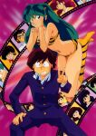  1980s_(style) benten_(urusei_yatsura) bikini black_hair boots brown_hair film_strip fingernails fujinami_ryuunosuke green_eyes grin hand_on_own_thigh horns interlocked_fingers knee_boots legs_apart long_hair looking_at_viewer lum mendou_shuutarou miyake_shinobu moroboshi_ataru navel non-web_source official_art oni oni_horns pink_hair ran_(urusei_yatsura) retro_artstyle sakura_(urusei_yatsura) school_uniform short_hair smile strapless strapless_bikini swimsuit ten_(urusei_yatsura) tiger_stripes urusei_yatsura 