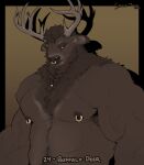  2023 anthro antlers areola armpit_hair beard biceps bison body_hair bovid bovine braided_beard brown_body brown_fur brown_hair brown_nose deer digital_media_(artwork) eyebrows facial_hair fur hair happy_trail hi_res horn hybrid male mammal muscular muscular_anthro muscular_male navel nipple_piercing nipple_ring nipples pecs piercing ring_piercing solo timdoodles vein veiny_muscles were 