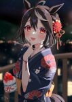  1girl :d ahoge animal_ears black_hair black_kimono blurry blurry_background blush commentary_request cup depth_of_field disposable_cup floral_print flower food hair_between_eyes hair_flower hair_ornament hand_up highres holding holding_cup holding_spoon horse_ears horse_girl horse_tail japanese_clothes kimono kitasan_black_(umamusume) kooribata masshirokachi multicolored_hair nail_polish night night_sky outdoors print_kimono railing red_eyes red_flower red_nails shaved_ice short_sleeves sky smile solo spoon streaked_hair tail umamusume white_hair wide_sleeves yukata 