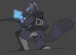  2021 ailurid anthro blue_body blue_eyes blue_fur bottomless butt butt_markings clothed clothing cyron_(dx-shade) facial_markings footwear fur gas_mask grey_background grey_body grey_fur gun hair head_markings hi_res hoodie kneeling male mammal markings mask on_one_knee ranged_weapon red_panda rifle roy_arashi shoes simple_background sniper_rifle solo striped_markings striped_tail stripes tail tail_markings topwear weapon white_body white_clothing white_footwear white_fur white_hair white_markings white_shoes yin_yang 