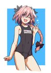  1boy astolfo_(fate) black_bow black_one-piece_swimsuit blush bow braid braided_ponytail bulge crossdressing fang fate/apocrypha fate/grand_order fate_(series) hair_bow highres long_hair looking_at_viewer male_focus multicolored_hair name_tag one-piece_swimsuit one_eye_closed open_mouth otoko_no_ko pink_hair purple_eyes school_swimsuit single_braid skin_fang solo streaked_hair swimsuit toba_kuti two-tone_background white_hair 