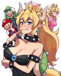  2boys 2girls :p absurdres arm_under_breasts armlet bare_shoulders black_nails blonde_hair blue_eyes blush bowsette bracelet breasts brooch brown_hair can&#039;t_be_this_cute cleavage closed_mouth collar collarbone cow crown curled_horns dress drooling ear_blush earrings facial_hair finger_to_mouth fingernails furrowed_brow gloves hair_between_eyes hand_up hat heart heart-shaped_pupils height_difference high_ponytail highres horns jewelry large_breasts leaning_forward leaning_to_the_side long_hair long_sleeves looking_at_another looking_at_viewer luigi mario mario_(series) moumoonke multiple_boys multiple_girls mustache new_super_mario_bros._u_deluxe nose_blush open_mouth overalls pointy_ears princess_peach sharp_fingernails short_hair simple_background smile spiked_armlet spiked_bracelet spiked_collar spiked_shell spiked_tail spikes strapless strapless_dress super_crown sweater symbol-shaped_pupils tail tongue tongue_out turtle_shell white_background yuri 