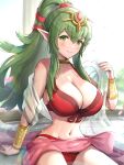  1girl absurdres bikini breasts closed_mouth fire_emblem fire_emblem_awakening fire_emblem_heroes gonzarez green_eyes green_hair hair_ornament high_ponytail highres large_breasts long_hair navel pink_sarong pointy_ears red_bikini shawl sitting smile solo stomach swimsuit tiki_(adult)_(fire_emblem) tiki_(adult)_(summer)_(fire_emblem) tiki_(fire_emblem) very_long_hair water wet 