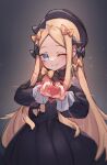  1girl abigail_williams_(fate) black_bow black_dress black_headwear blonde_hair blue_eyes blush bow breasts dress fate/grand_order fate_(series) forehead hair_bow hat heart heart_hands highres long_hair long_sleeves looking_at_viewer miya_(miyaruta) multiple_hair_bows one_eye_closed orange_bow parted_bangs ribbed_dress small_breasts smile solo 