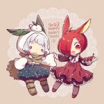  2023 2girls :3 :d ahoge animal_ears apple apple_rabbit apple_slice black_ribbon blonde_hair bow brown_background brown_cape brown_dress brown_pantyhose cape chibi chinese_zodiac dress english_text food food_art fork_hair_ornament frilled_sleeves frills fruit full_body grey_hair hair_over_one_eye hay holding holding_hands holding_plate hood hood_up leaf looking_at_viewer low_twintails medium_hair multicolored_hair multiple_girls neck_ribbon o_o open_mouth original outstretched_arm pantyhose personification plate polka_dot_pants puffy_pants puffy_sleeves rabbit_ears rakuni red_eyes red_footwear red_hair ribbon shoes short_hair sleeves_past_fingers sleeves_past_wrists smile snow_rabbit streaked_hair thick_eyebrows twintails wide_sleeves year_of_the_rabbit 
