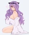  1girl blush breasts camilla_(fire_emblem) closed_mouth fire_emblem fire_emblem_fates from_side full_body hair_over_one_eye heart jacket long_hair long_sleeves looking_at_viewer naked_jacket purple_eyes purple_hair purrlucii seiza sitting sleeves_past_wrists smile solo twitter_username white_jacket 