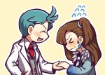  &gt;_&lt; 1boy 1girl aqua_hair blood blood_on_clothes blue_jacket blue_shirt blue_vest blush brown_hair closed_eyes collared_shirt commentary_request e.g.o_(project_moon) employee_(lobotomy_corporation) flying_sweatdrops fur-trimmed_jacket fur_trim grey_vest hand_on_another&#039;s_hand hatake_shimeji jacket lab_coat lobotomy_corporation long_sleeves necktie open_mouth outline project_moon red_necktie shirt short_hair side_ponytail simple_background smile vest white_necktie white_outline white_shirt yellow_background 