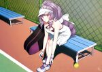  1girl :o asazuke25 backless_dress backless_outfit ball bare_shoulders bench bow breasts chain-link_fence criss-cross_halter dress fence gloves hair_ribbon halterneck highres hyakumantenbara_salome long_hair looking_at_viewer medium_breasts nijisanji pleated_dress purple_eyes purple_hair ribbon shoes short_dress sneakers solo sportswear sweatband tennis_ball tennis_court tennis_uniform tying_footwear very_long_hair virtual_youtuber visor_cap white_bow white_dress white_footwear white_gloves white_headwear white_ribbon 