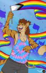  anthro armpit_hair body_hair bottomwear brown_hair cheek_stripes clothed clothing crowd curled_hair digital_media_(artwork) felid feline fur gabe_(mytigertail) gamibri group hair hi_res lgbt_pride long_hair male mammal pantherine pride_color_flag pride_colors shirt smile solo solo_focus tank_top thehavanawolf topwear 