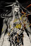  1boy aldrich_devourer_of_gods blood blood_from_mouth dark_souls_(series) dark_souls_iii dark_sun_gwyndolin from_below highres long_hair sketch solo spiked_helmet spot_color upper_body zunkome 