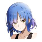  1girl amogan blue_hair bocchi_the_rock! closed_mouth collarbone commentary_request cropped_shoulders hair_ornament hairclip korean_commentary light_frown looking_at_viewer mole mole_under_eye short_hair simple_background solo split_mouth white_background yamada_ryou yellow_eyes 