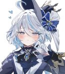  1girl ascot black_ascot blue_eyes blue_gemstone blush closed_mouth furina_(genshin_impact) gem genshin_impact gloves grey_eyes grey_hair hat heart heterochromia highres long_sleeves looking_at_viewer multicolored_hair short_hair solo sorani_(kaeru0768) top_hat white_background white_gloves white_hair 