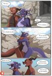  anthro avi_(narusewolf) belly big_belly bodily_fluids breath comic crying dialogue duo embrace english_text fantasy female feral hi_res horn hug humanoid kobold male male/female narusewolf panting patreon pregnant pregnant_female purple_body red_body rona rona_(narusewolf) servant size_difference speech_bubble sweat tail tears text yelling yellow_eyes 