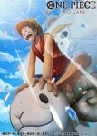  1boy black_eyes black_hair blue_sky cloud cloudy_sky copyright_name english_text going_merry hat holding male_focus monkey_d._luffy official_art one_piece scar short_hair shorts sitting sky sleeveless slippers smile solo straw_hat straw_hat_pirates straw_hats_jolly_roger studio_viga sunlight water_drop 