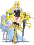  1girl blonde_hair boots cloak full_body holding holding_sword holding_weapon indesign leotard long_hair messy_hair ponytail protagonist_(romancing_saga_2) romancing_saga_2 saga sheath sheathed sword the_final_empress thigh_boots weapon 