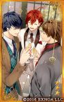  3boys :d ^_^ alcohol aqua_vest ascot belt belt_buckle black_belt black_necktie blue_hair blurry blurry_background braid braided_bangs brown_hair brown_necktie brown_pants brown_suit buckle bungou_to_alchemist card_(medium) champagne champagne_flute checkered_floor closed_eyes collared_shirt copyright_notice cowboy_shot crossed_bangs cup dan_kazuo_(bungou_to_alchemist) dazai_osamu_(bungou_to_alchemist) drinking_glass eye_contact formal green_eyes grey_jacket grey_suit grey_vest hair_between_eyes hair_ornament hairclip holding holding_cup indoors jacket lapels long_sleeves looking_at_another lowres male_focus multiple_boys necktie notched_lapels official_art open_clothes open_jacket pants parted_lips plaid plaid_vest pocket_square profile red_ascot red_hair satou_haruo_(bungou_to_alchemist) shawl_lapels shirt short_hair smile standing striped striped_vest suit suit_jacket tareme tree vest wand3754 white_jacket white_pants white_suit window yellow_eyes 