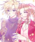  1boy 1girl aerith_gainsborough armor bangle blonde_hair blue_eyes blush bracelet braid braided_ponytail breasts brown_gloves brown_hair choker cleavage closed_eyes closed_mouth cloud_strife couple curly_hair dress falling_petals final_fantasy final_fantasy_vii final_fantasy_vii_remake flower_choker flower_ring gloves hair_between_eyes hair_ribbon jacket jewelry long_hair medium_breasts neveromance open_mouth parted_bangs petals pink_dress pink_ribbon purple_shirt red_jacket ribbon ring shirt short_hair shoulder_armor sidelocks single_braid sleeveless sleeveless_turtleneck smile spiked_hair suspenders turtleneck twitter_username upper_body white_background 