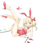  1girl :d animal_ears armpit_crease arnest bare_arms bare_legs bare_shoulders blonde_hair bow bowtie collarbone costume covered_navel crystal detached_collar dot_nose elbow_rest fang feet_up flandre_scarlet full_body groin hair_bow hairband hand_on_own_thigh heart high_heels highres legs leotard light_blush long_hair looking_at_viewer looking_to_the_side no_socks one_side_up plantar_flexion playboy_bunny pumps rabbit_ears red_bow red_bowtie red_eyes red_footwear red_hairband red_leotard shiny_skin shoe_dangle shoe_soles shoes simple_background skin_fang smile solo strapless strapless_leotard touhou white_background wings wrist_cuffs 