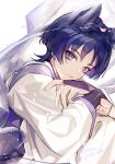  1boy animal_ears bishounen cat_boy cat_ears gauntlets genshin_impact highres japanese_clothes kimono looking_at_viewer male_focus purple_eyes purple_hair rokuon short_hair simple_background solo white_background 